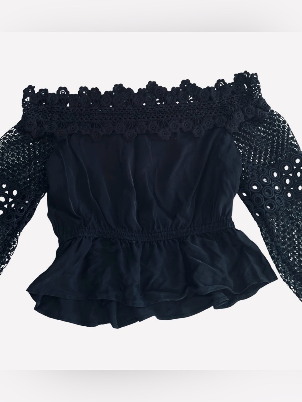 self-portrait Women’s 4 Black Solid Lace Off-Shoulder LS Peplum Blouse SP8-009 - Picture 5 of 8